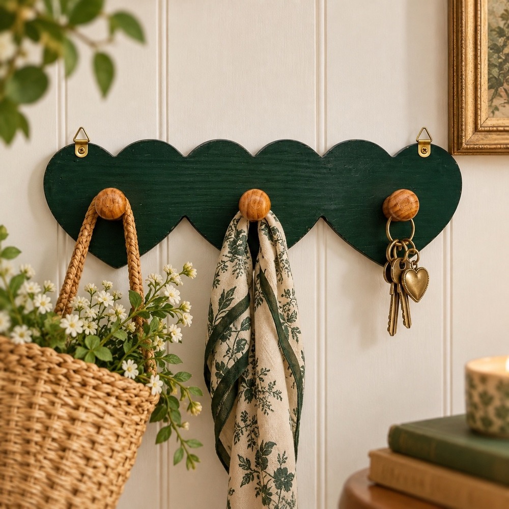 Vintage Wood Heart Wall Peg Rack 1990s Country Cottage Green 3 Hook Key Holder